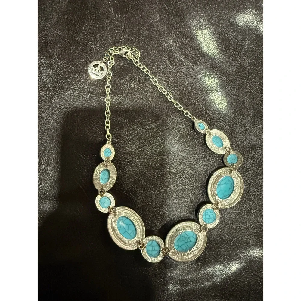 Turquoise Silver Tone Statement Necklace‎ Chunky Boho